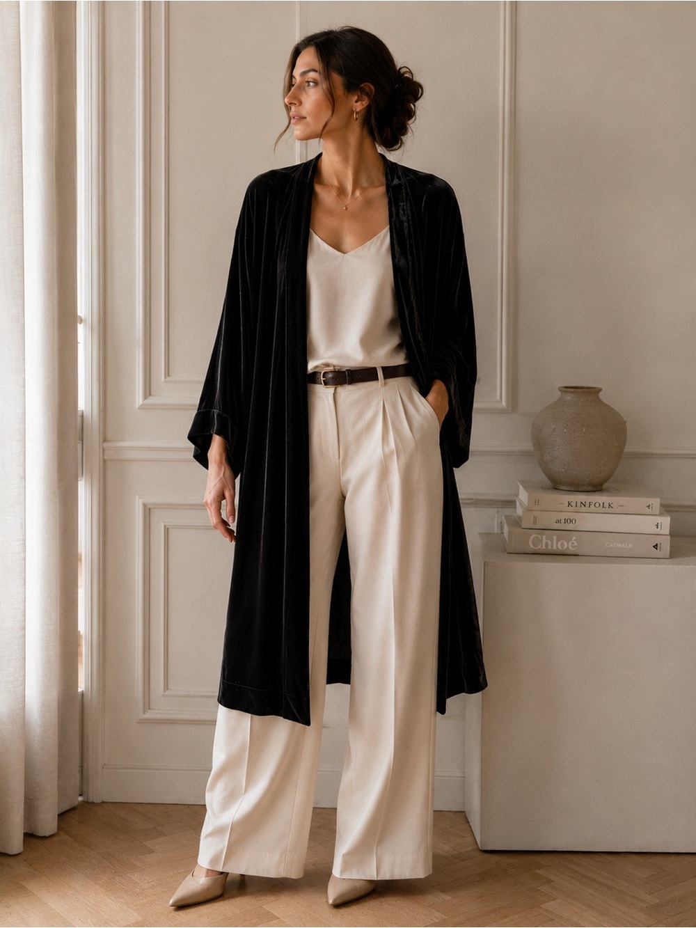 Massimo Dutti Black Velvet Duster Kimono Drap Silk Blend Cardigan Small Chic
